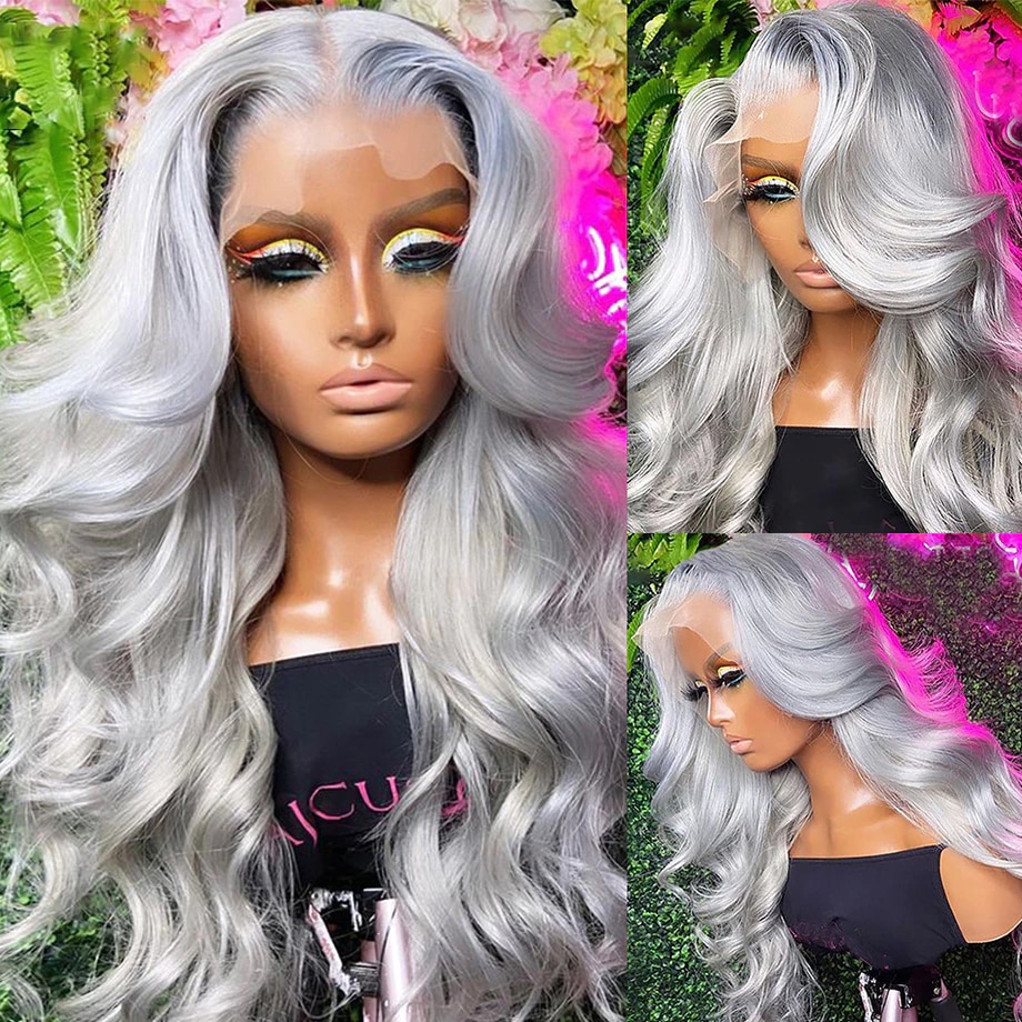 10″ – 40″ #Silver Color Body Wave Human Hair Lace Front Wig
