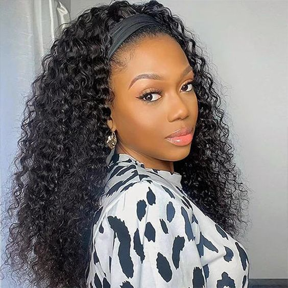 10″ – 14″ Natural Black Color Bohemian Curly Human Hair Headband Wig