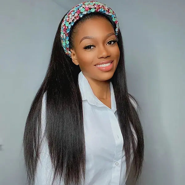 10″ – 14″ Natural Black Color Yaki Straight Human Hair Headband Wig