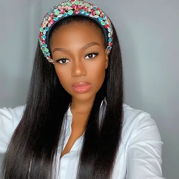 10″ – 14″ Natural Black Color Yaki Straight Human Hair Headband Wig