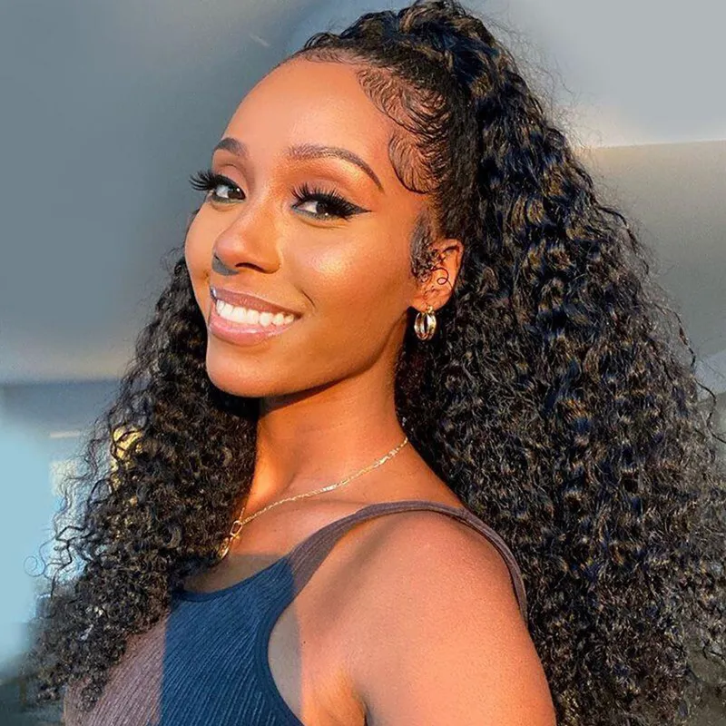 10″ – 36″ Natural Black Color Jerry Curly Human Hair 360 Lace Wig