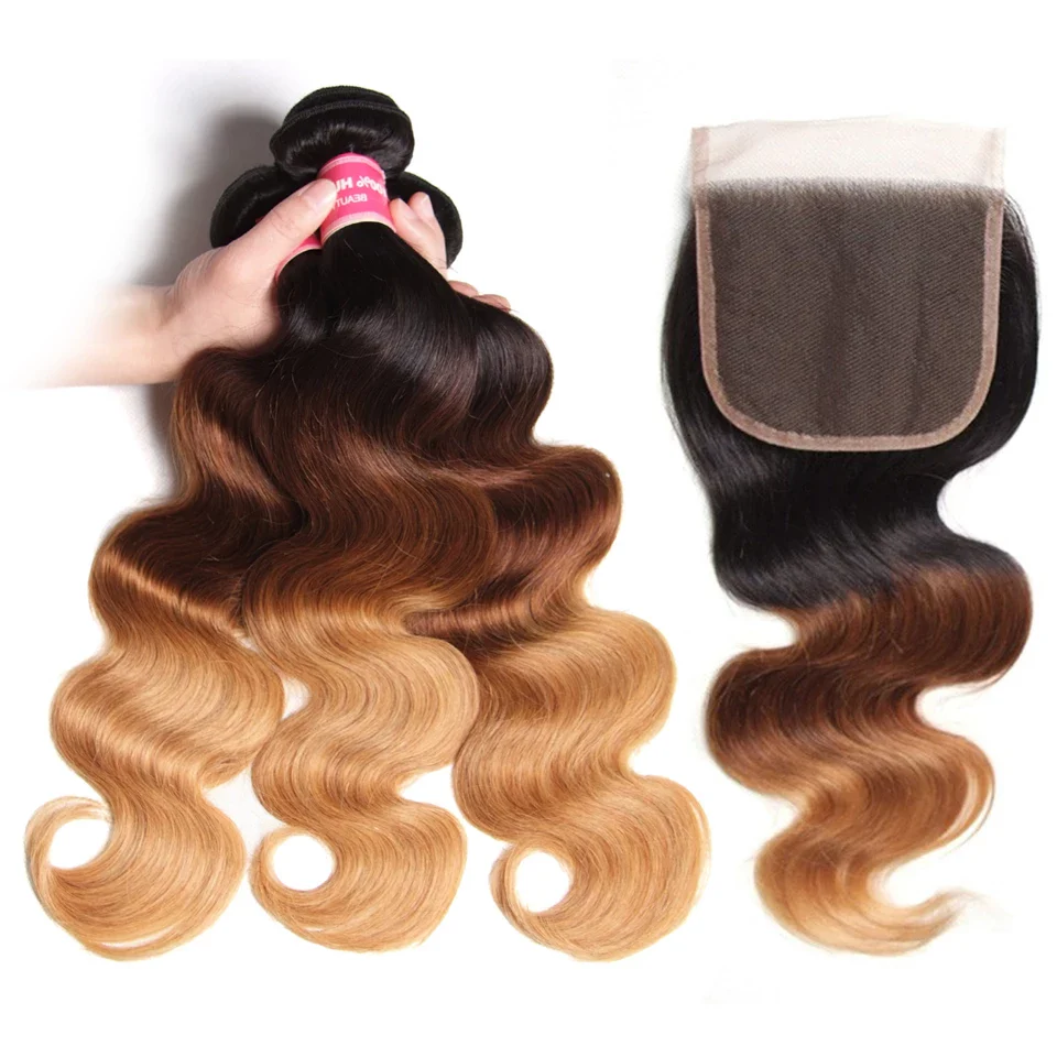 Ombre 1b/4/27 Body Wave 3 Bundles with 4*4 Lace Closure