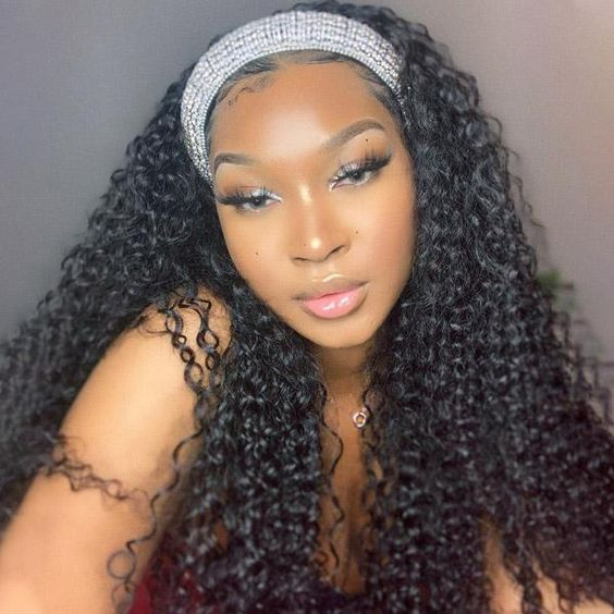10″ – 14″ Natural Black Color Bohemian Curly Human Hair Headband Wig