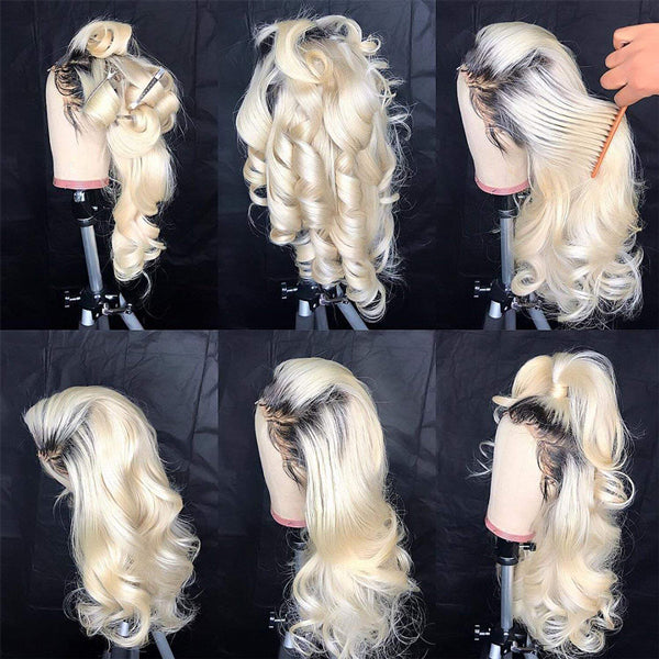 10″ – 40″ #1B/613 Ombre Color Body Wave Human Hair Lace Front Wig