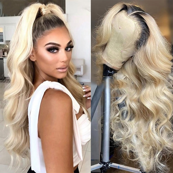 10″ – 40″ #1B/613 Ombre Color Body Wave Human Hair Lace Front Wig