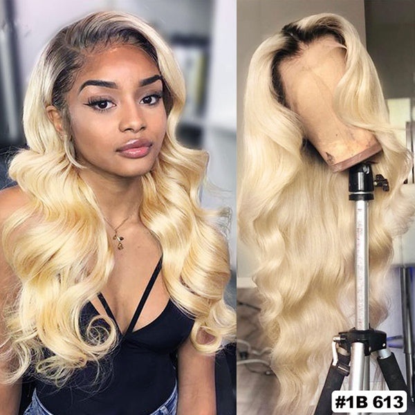 10″ – 40″ #1B/613 Ombre Color Body Wave Human Hair Lace Front Wig