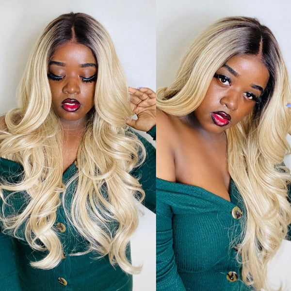 10″ – 40″ #1B/613 Ombre Color Body Wave Human Hair Lace Front Wig