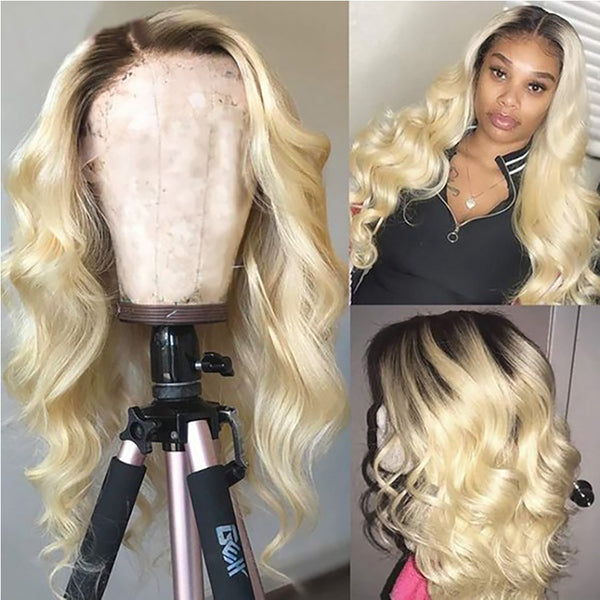 10″ – 40″ #1B/613 Ombre Color Body Wave Human Hair Lace Front Wig