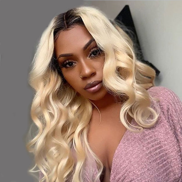 10″ – 40″ #1B/613 Ombre Color Body Wave Human Hair Lace Front Wig