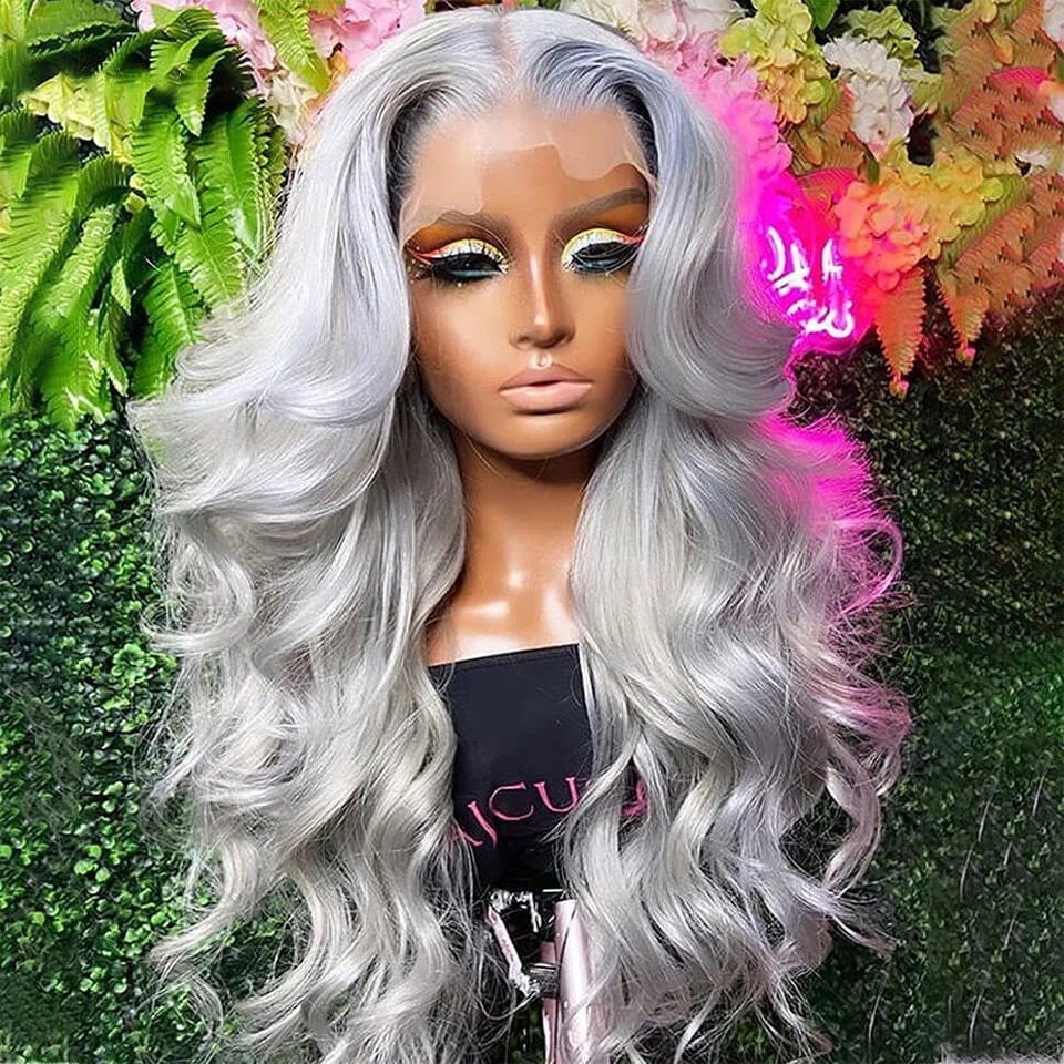 10″ – 40″ #Silver Color Body Wave Human Hair Lace Front Wig