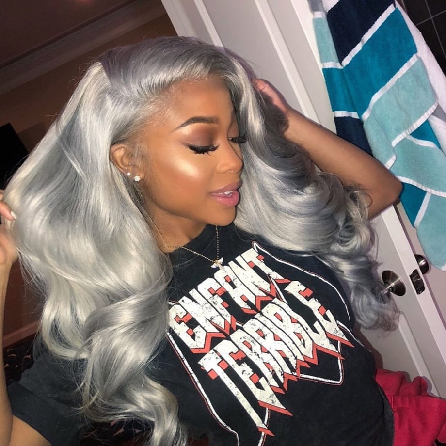 10″ – 40″ #Silver Color Body Wave Human Hair Lace Front Wig