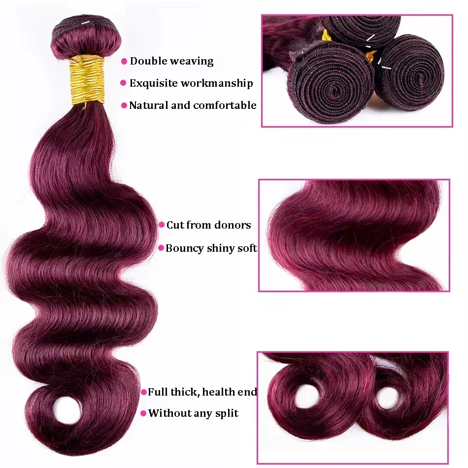 3 Bundles 10″ – 40″ #99J Body Wave Human Hair Bundle