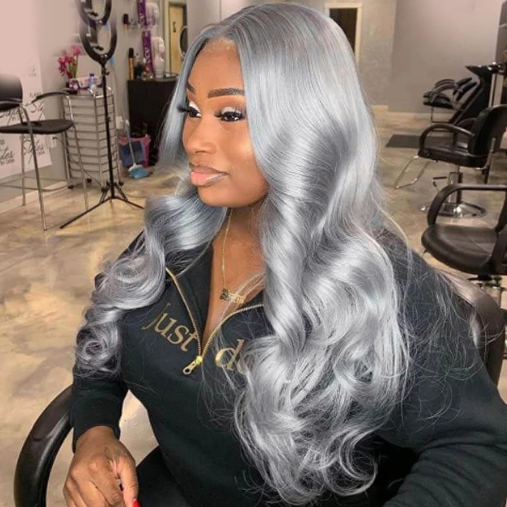 10″ – 40″ #Silver Color Body Wave Human Hair Lace Front Wig