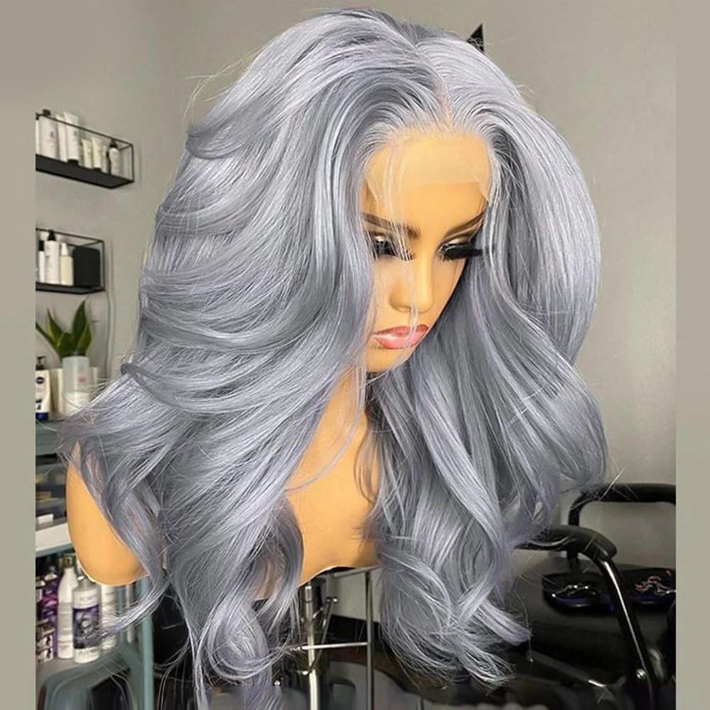 10″ – 40″ #Silver Color Body Wave Human Hair Lace Front Wig