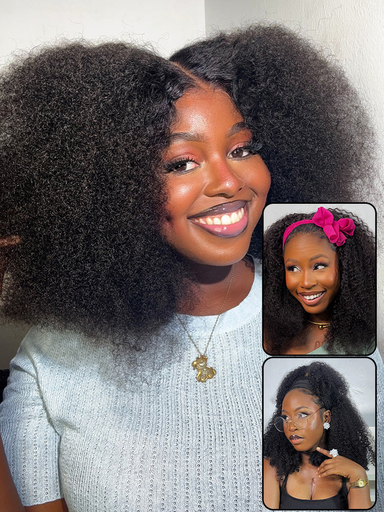 10″ – 40″ Natural Black Color Afro Kinky Curly Human Hair Drawstring Half Wig