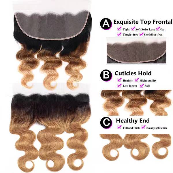 Ombre 1b/4/27 Body Wave 3 Bundles with 13*4 Lace Frontal