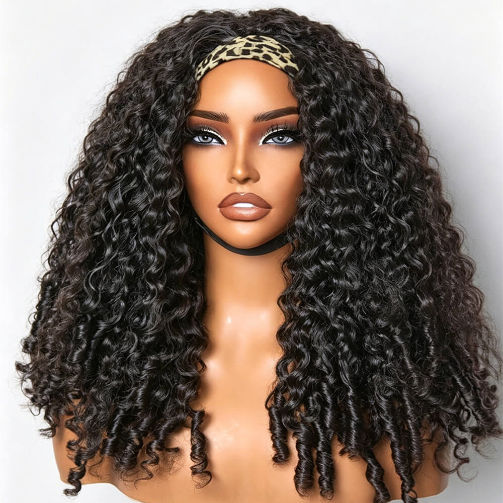 10″ – 14″ Natural Black Color Burmese Curly Human Hair Headband Wig