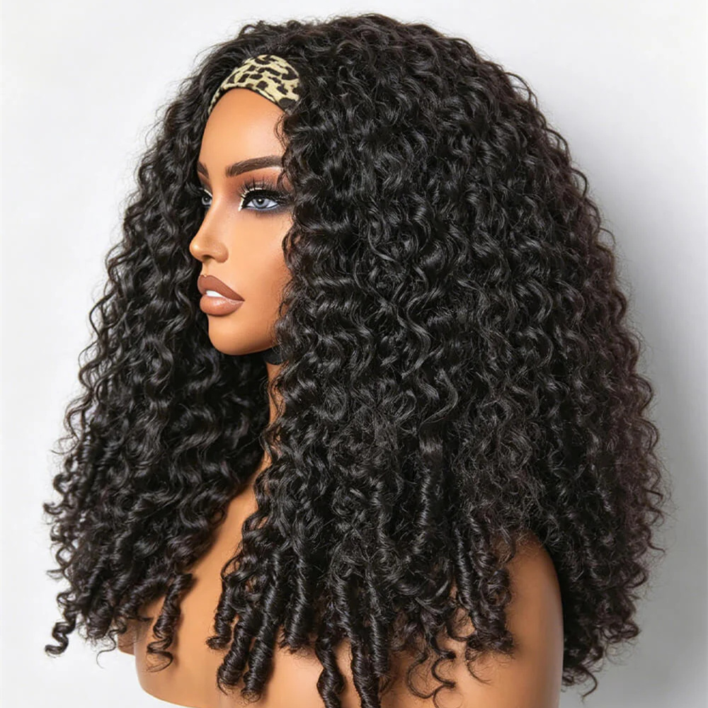 10″ – 14″ Natural Black Color Burmese Curly Human Hair Headband Wig