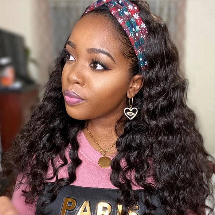 10″ – 14″ Natural Black Color Loose Wave Human Hair Headband Wig