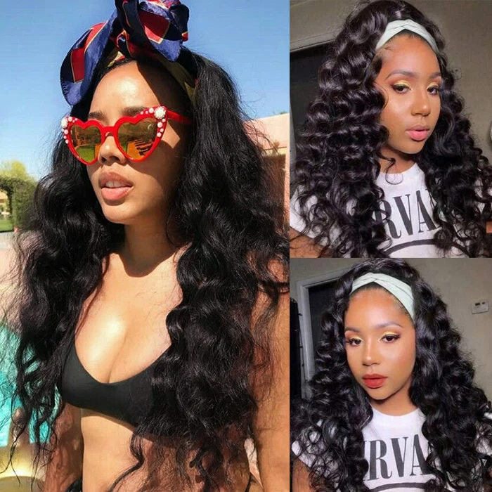 10″ – 14″ Natural Black Color Loose Wave Human Hair Headband Wig