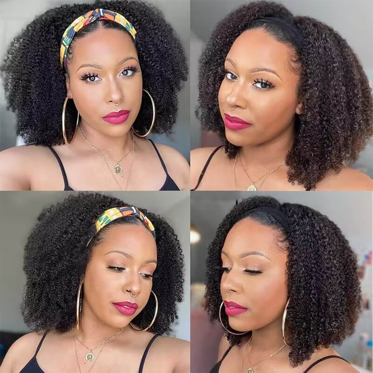 10″ – 14″ Natural Black Color Kinky Curly Human Hair Headband Wig