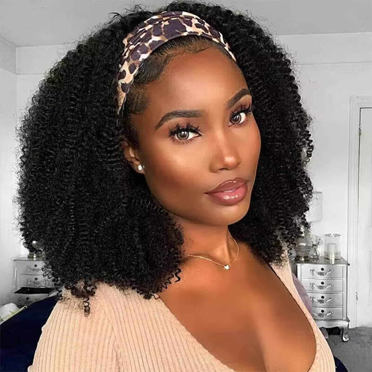 10″ – 14″ Natural Black Color Kinky Curly Human Hair Headband Wig