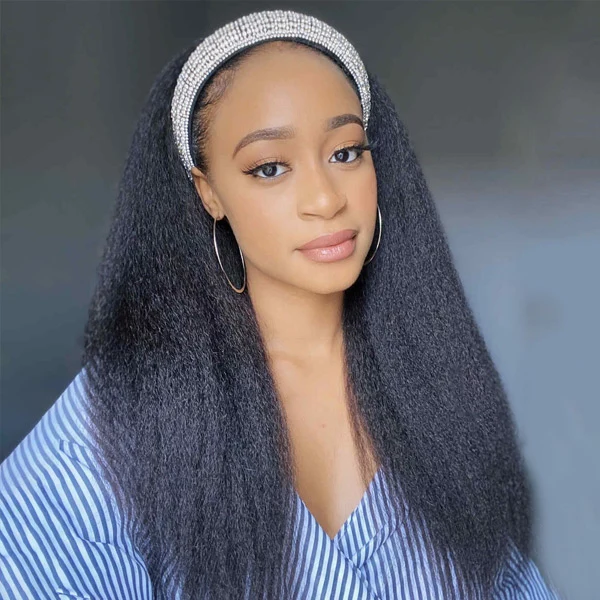 10″ – 14″ Natural Black Color Kinky Straight Human Hair Headband Wig