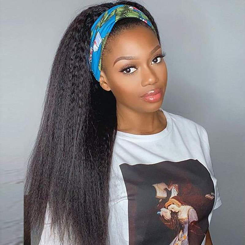 10″ – 14″ Natural Black Color Kinky Straight Human Hair Headband Wig