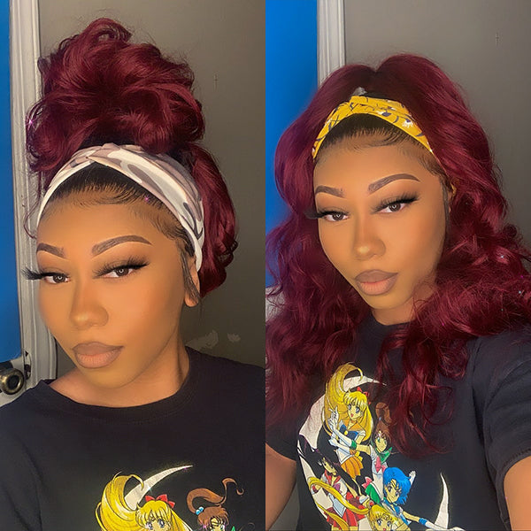 10″ – 40″ #99J Color Body Wave Human Hair Headband Wig