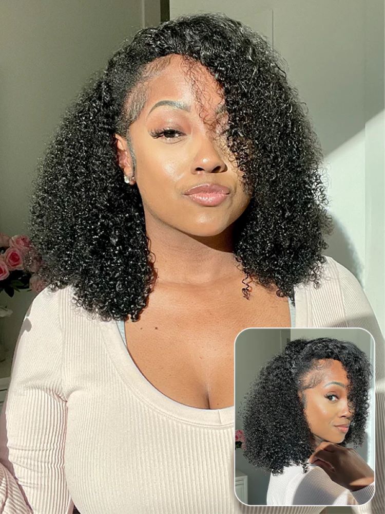 10″ – 40″ Natural Black Color Afro Kinky Curly Human Hair Drawstring Half Wig