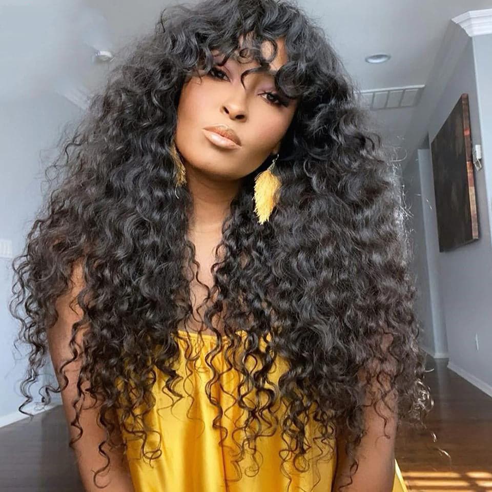 10″ – 40″ Natural Black Color Water Wave Human Hair Machine Made Wig