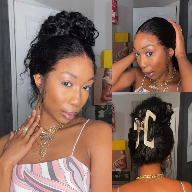 10″ – 36″ Natural Black Color Water Wave Human Hair 360 Lace Wig