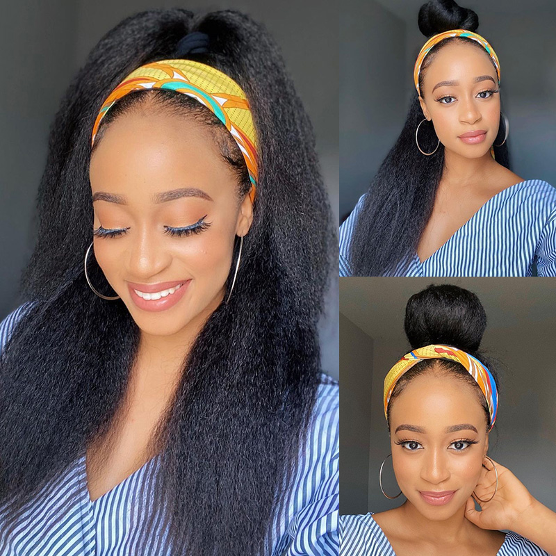 10″ – 14″ Natural Black Color Kinky Straight Human Hair Headband Wig