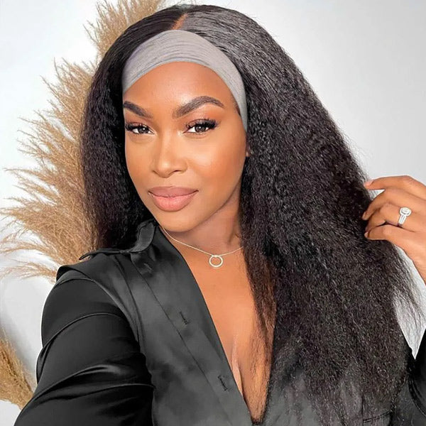 10″ – 14″ Natural Black Color Kinky Straight Human Hair Headband Wig