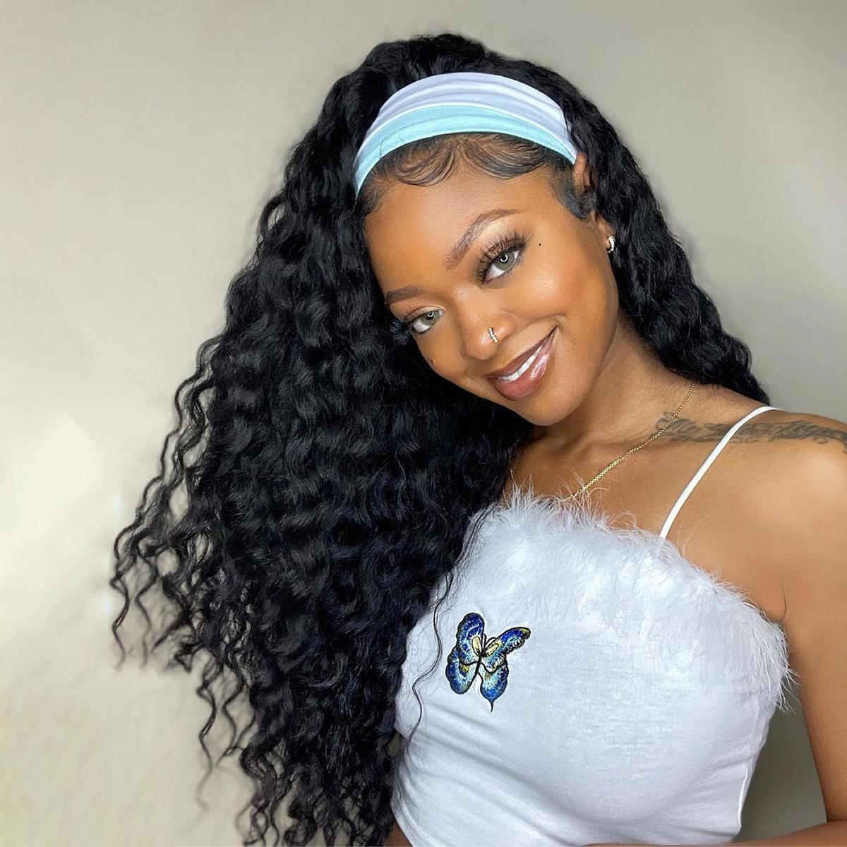 10″ – 14″ Natural Black Color Loose Wave Human Hair Headband Wig