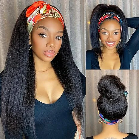 10″ – 14″ Natural Black Color Kinky Straight Human Hair Headband Wig