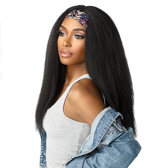 10″ – 14″ Natural Black Color Kinky Straight Human Hair Headband Wig