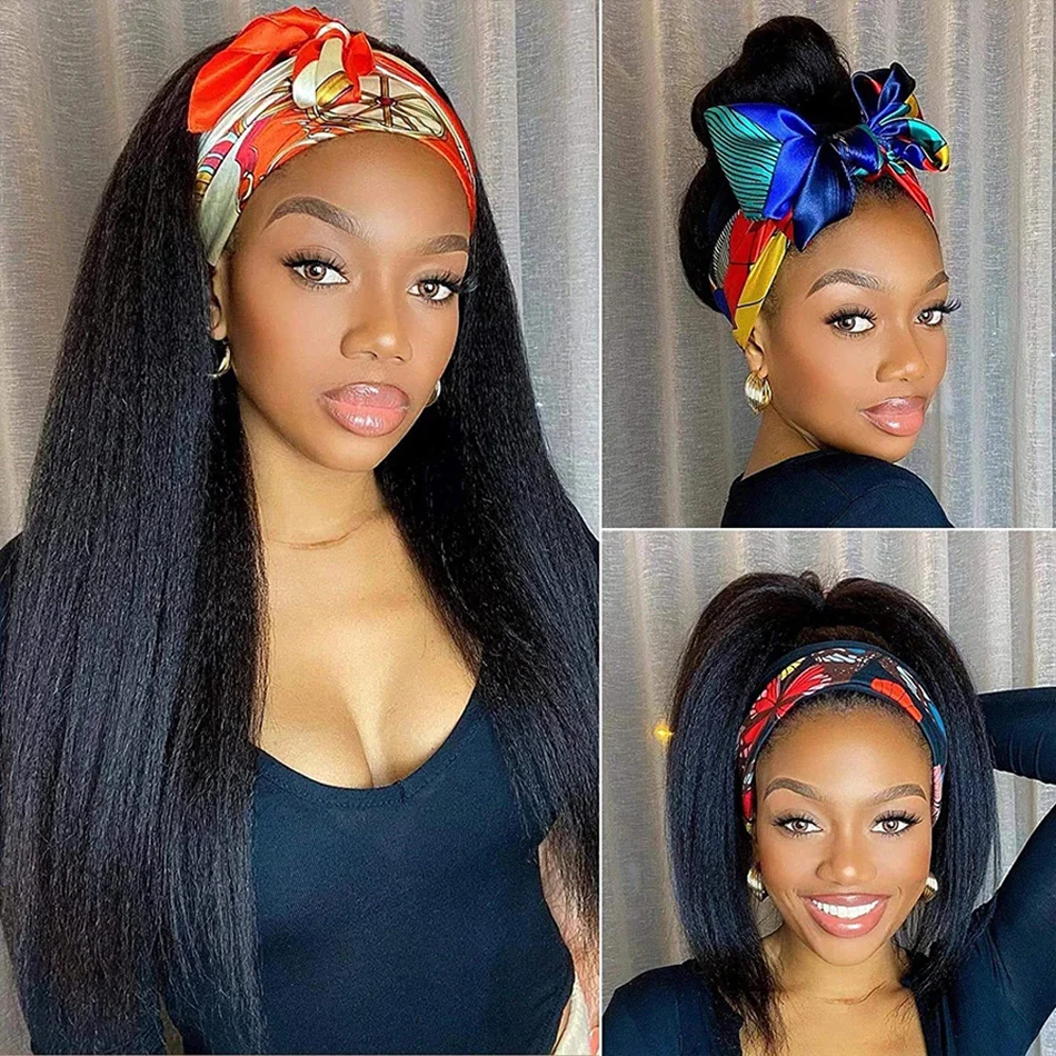 10″ – 14″ Natural Black Color Kinky Straight Human Hair Headband Wig