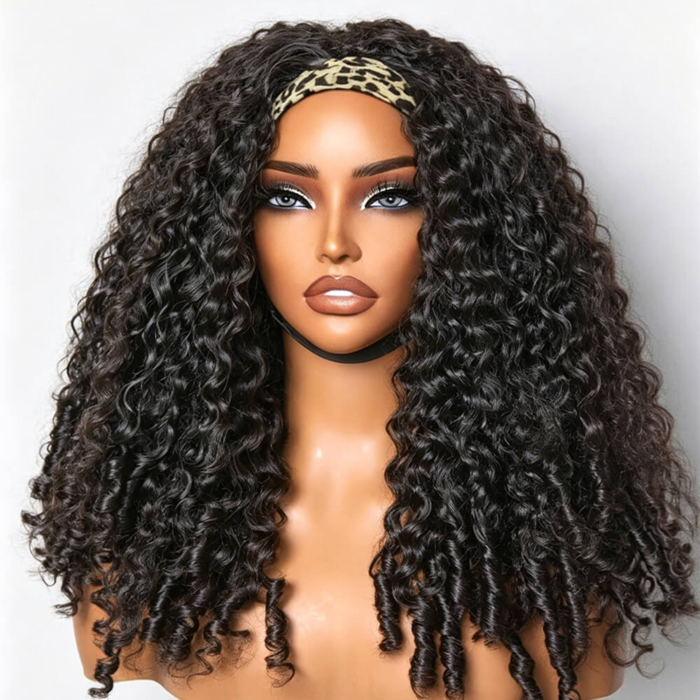 10″ – 14″ Natural Black Color Burmese Curly Human Hair Headband Wig