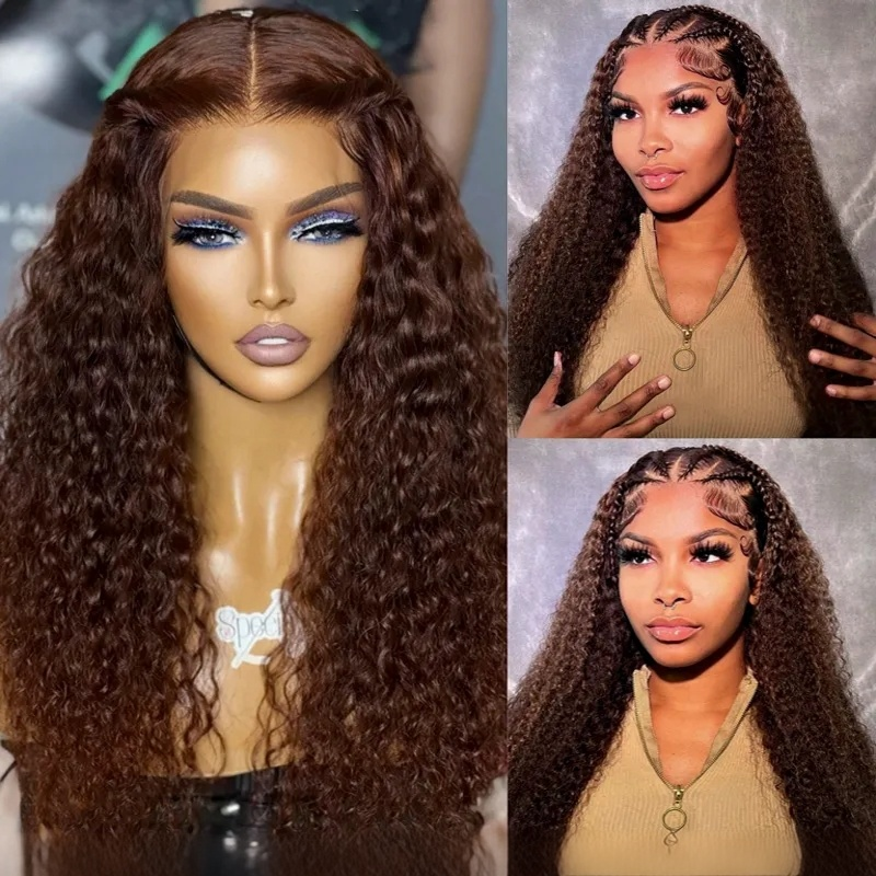 10″ – 30″  4# Chocolate Brown Curly/Body Wave Human Hair Full Lace Wig