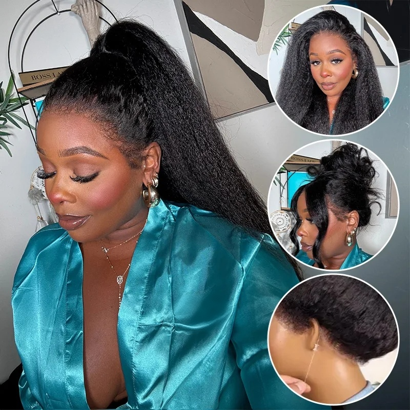 10″ – 36″ Natural Black Color Kinky Straight Human Hair 360 Lace Wig
