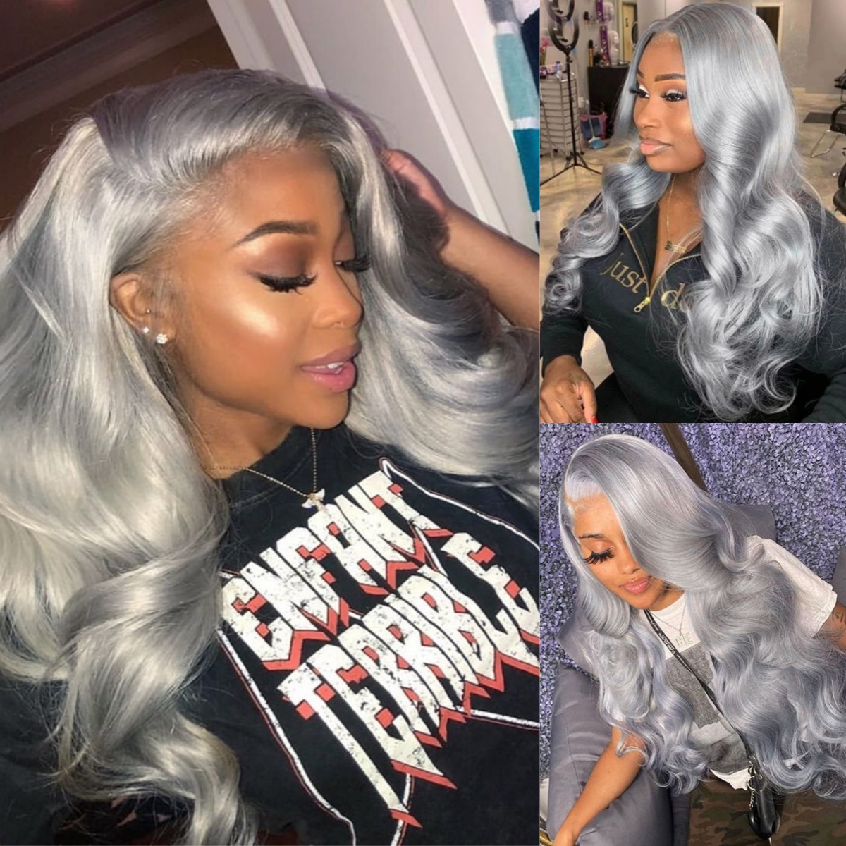 10″ – 40″ #Silver Color Body Wave Human Hair Lace Front Wig