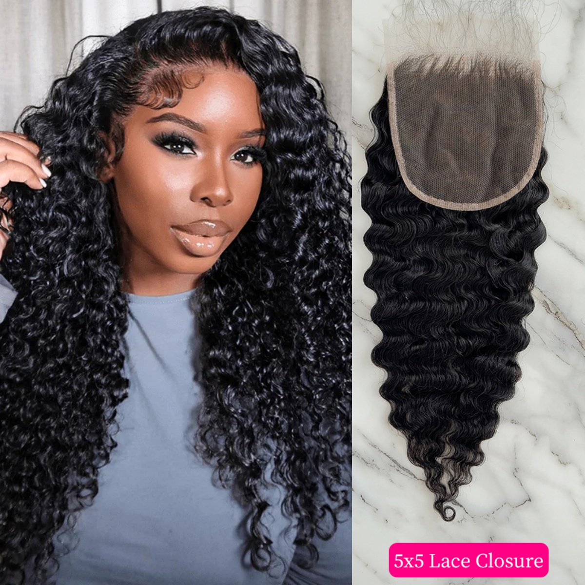 10″ – 20″ Natural Black Color Burmese Curly Human Hair 5*5 Lace Closure
