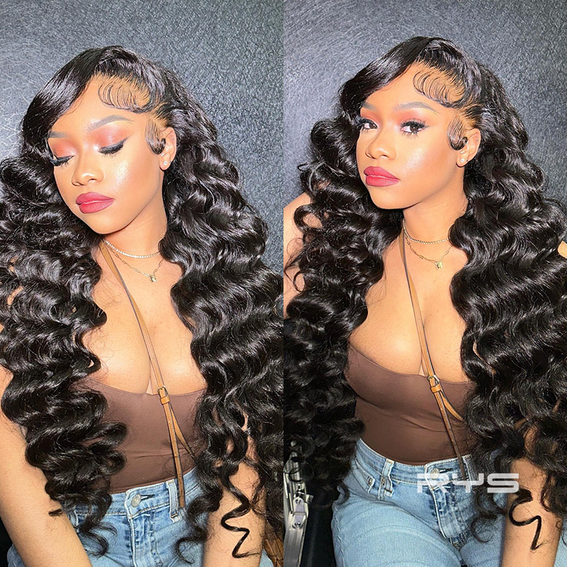 10″ – 40″ Natural Black Color Loose Deep Wave Human Hair Lace Front Wig