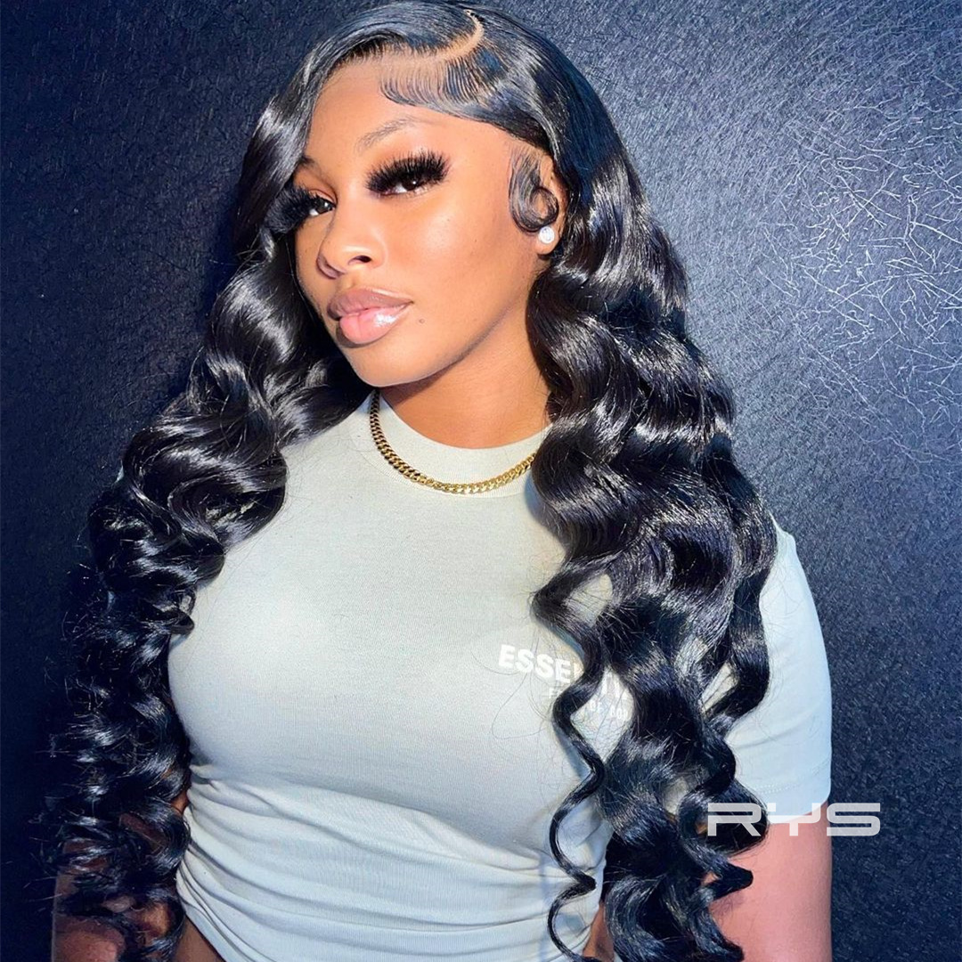 10″ – 40″ Natural Black Color Loose Wave Human Hair Lace Front Wig