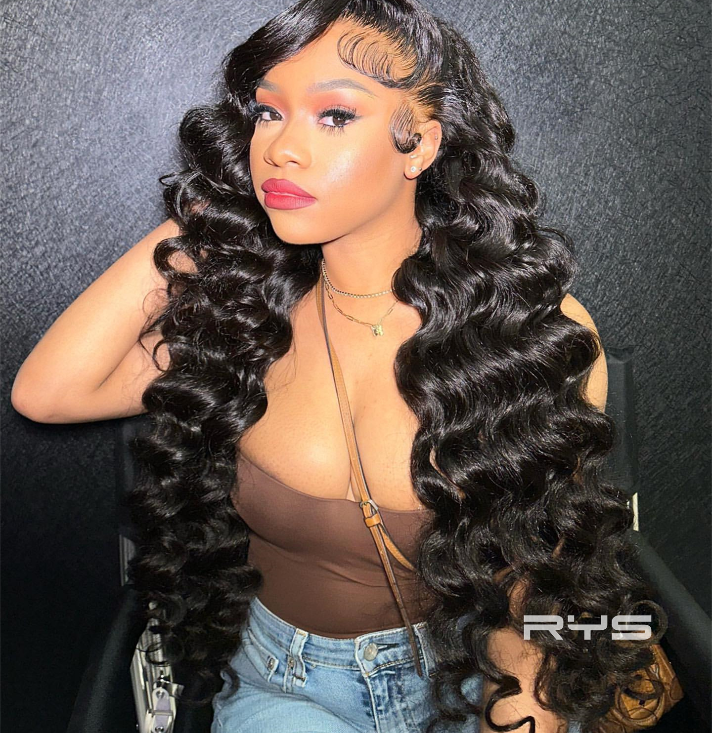 10″ – 40″ Natural Black Color Loose Deep Wave Human Hair Lace Front Wig