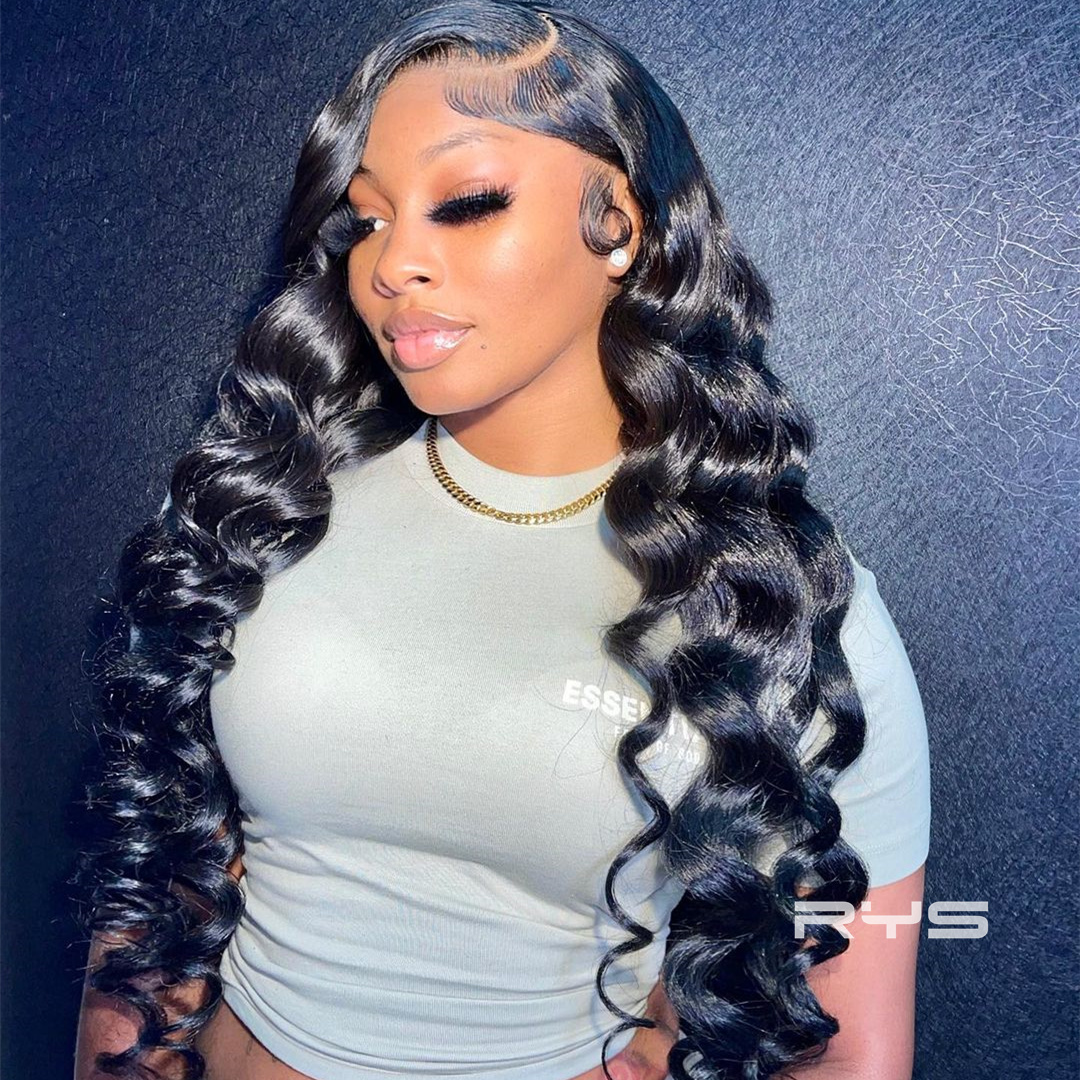 10″ – 40″ Natural Black Color Loose Wave Human Hair Lace Front Wig