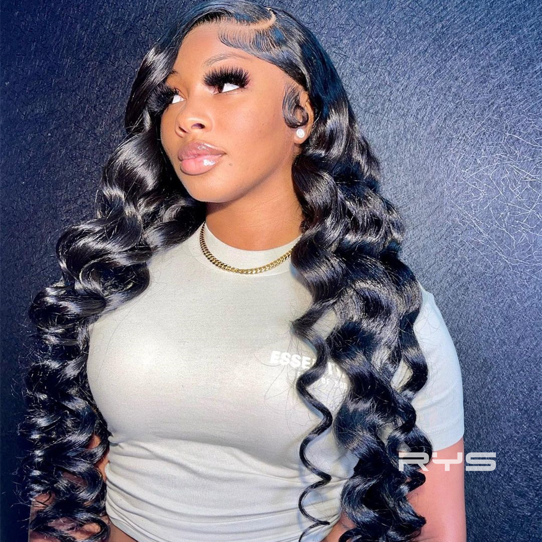 10″ – 40″ Natural Black Color Loose Wave Human Hair Lace Front Wig
