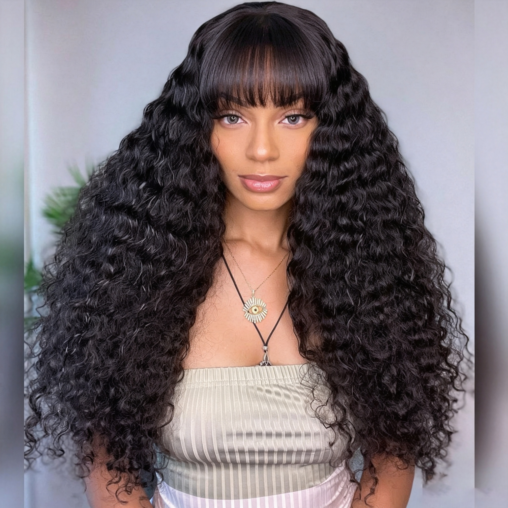 10″ – 40″ Natural Black Color Ripple Wave Human Hair Machine Made Wig