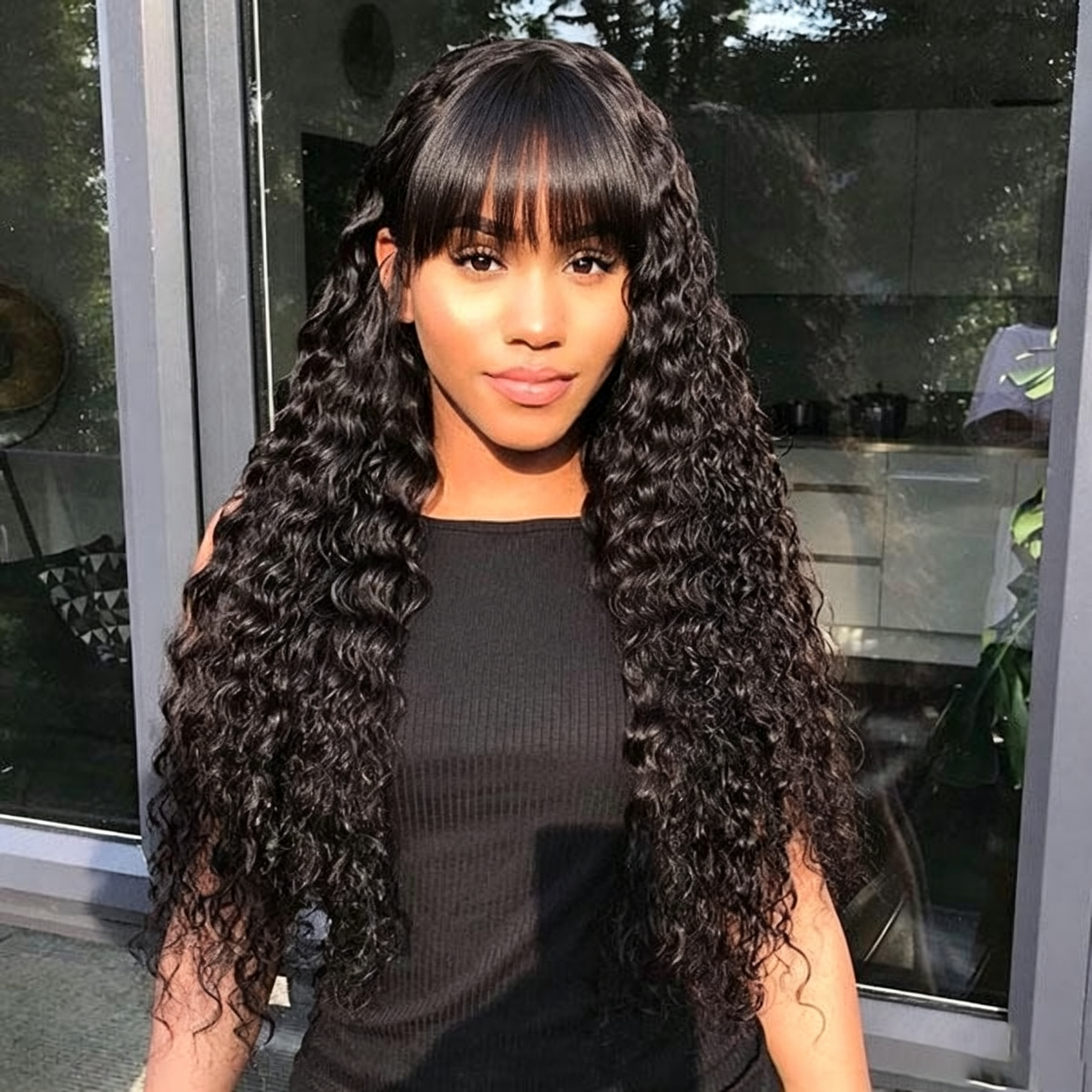 10″ – 40″ Natural Black Color Ripple Wave Human Hair Machine Made Wig